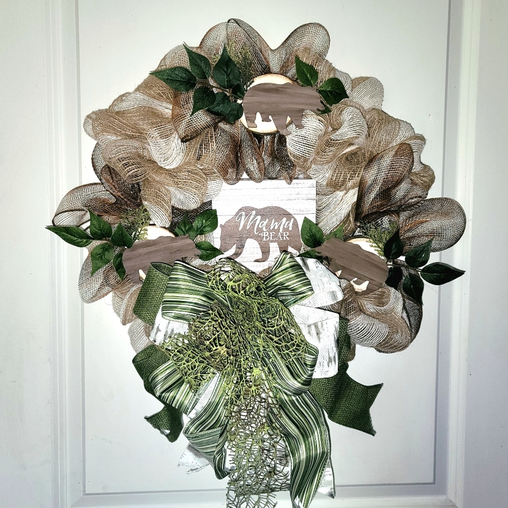 Moma Bear Wreath Jute Deco Mesh Bow Wood Cabin Country Farmhouse Mother's Day - Picture 2 of 8